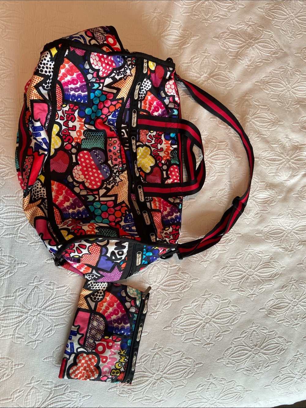 LeSportsac Colorful Pop Art Multi-Pocket Duffel Bag with Matching Pouch